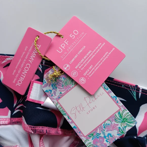 New Stella Parker Sport Floral Pants UPF 50 Tummy Control Pink Navy White Large - Picture 2 of 15